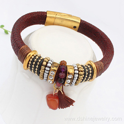 Leather Tassel Bangle Gold Magnet Clasp Stone Charm Bracelet